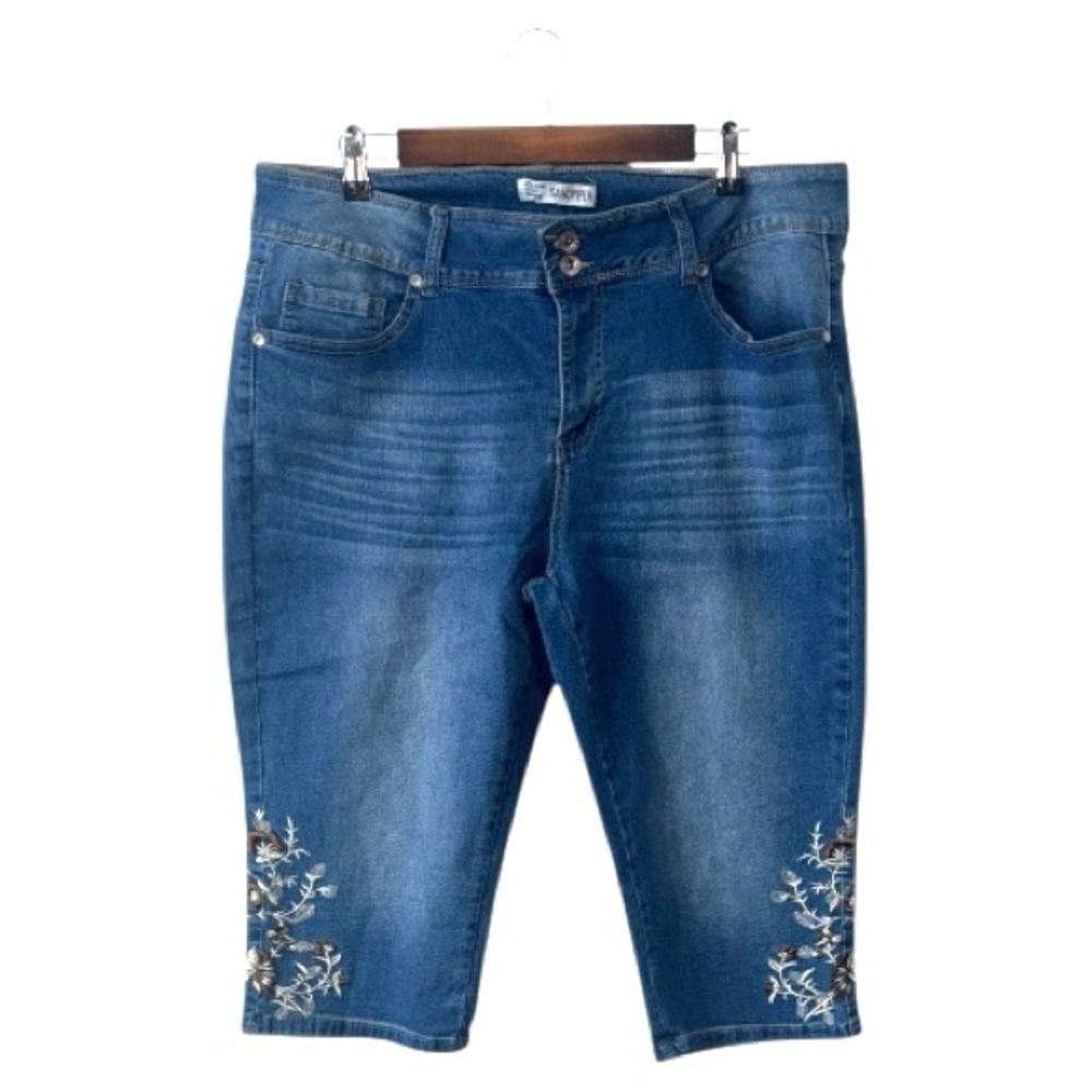 Sandpiper Embroidery Jeans Capri High Rise Floral Short Boho Brown Gold Size 18W